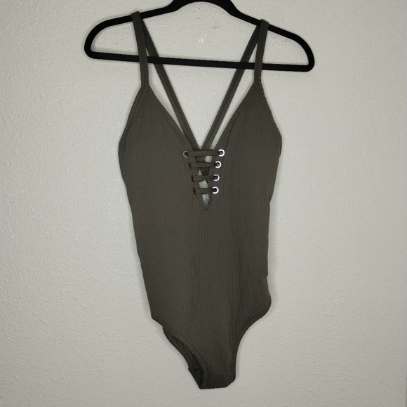 Seafolly Inka Rib Lace Up Maillot One Piece Swimsuit Dark Olive Women's US 12 - Picture 2 of 8